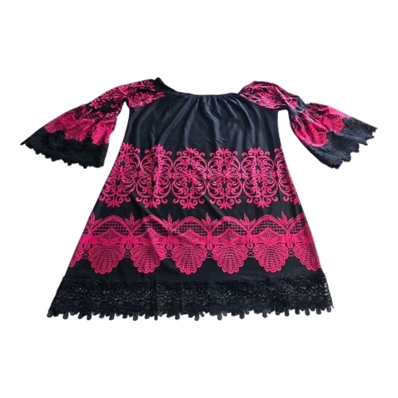 ✨ White Mark Boho Lace Trim Dress XL Black Pink Damask Peasant Tunic Bell Sleeve - Picture 5 of 11